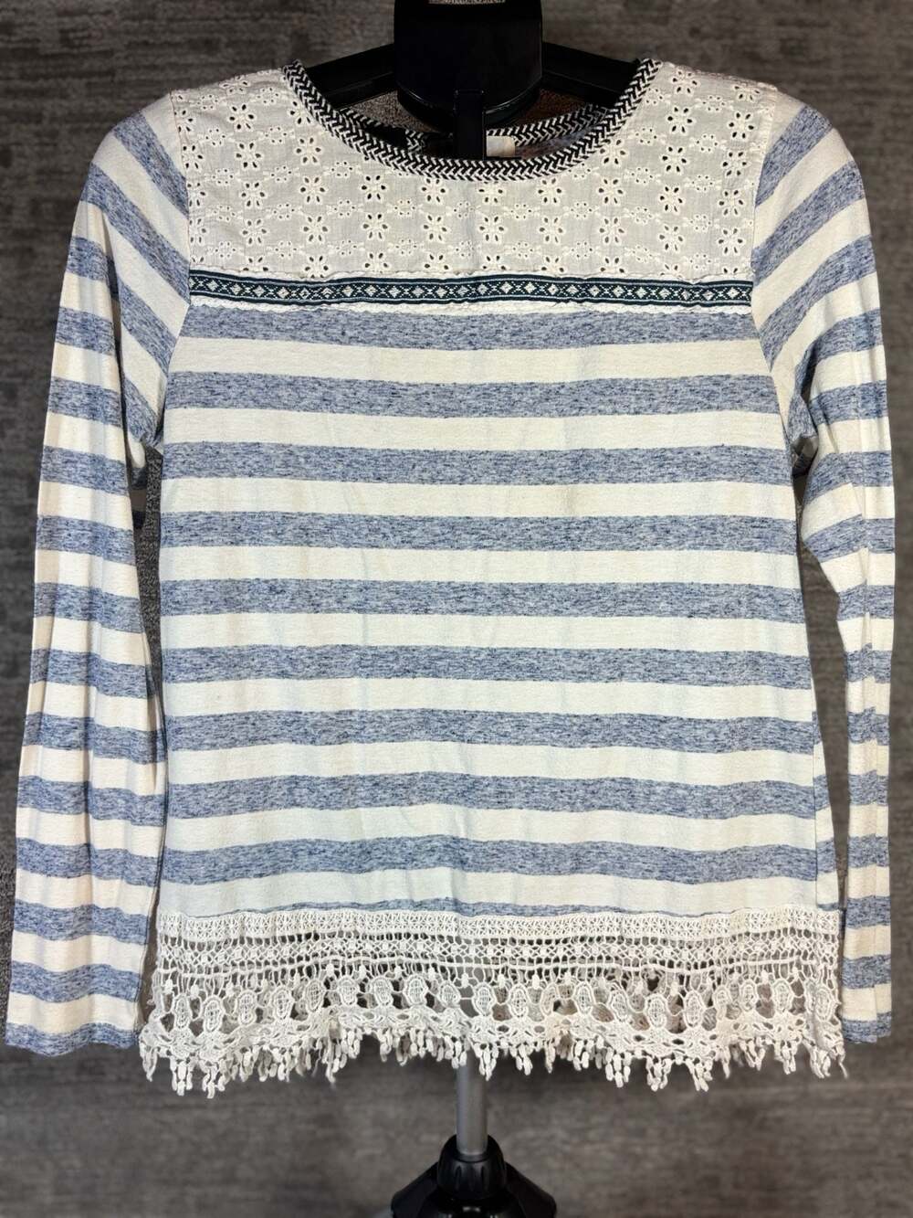 Jolt Blue and White Striped Long Sleeve Top with Lace Hem and Eyelet Detail